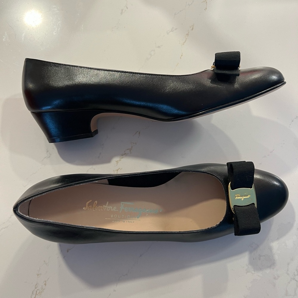 Salvatore Ferragamo Black Flats with Block Heels and Rounded Toes